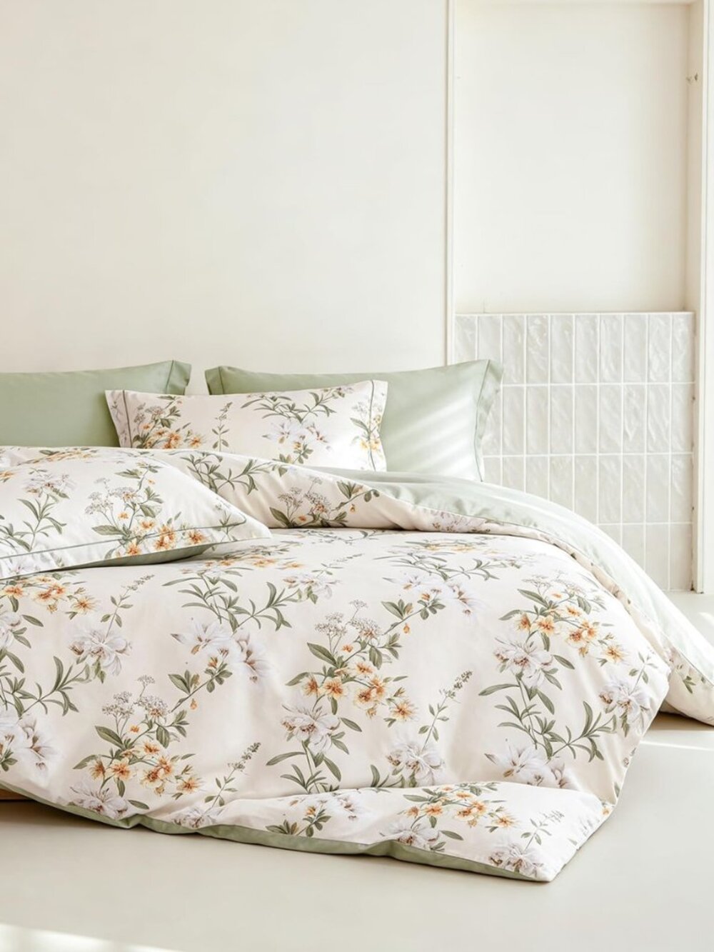 Queen Comforter Set 3 Pieces, 100% Cotton Sage Green Botanical Floral Reversible
